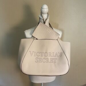 Victoria's Secret Tote‎ Bag Set Laser Cut Logo Purse and Wristlet Beige
